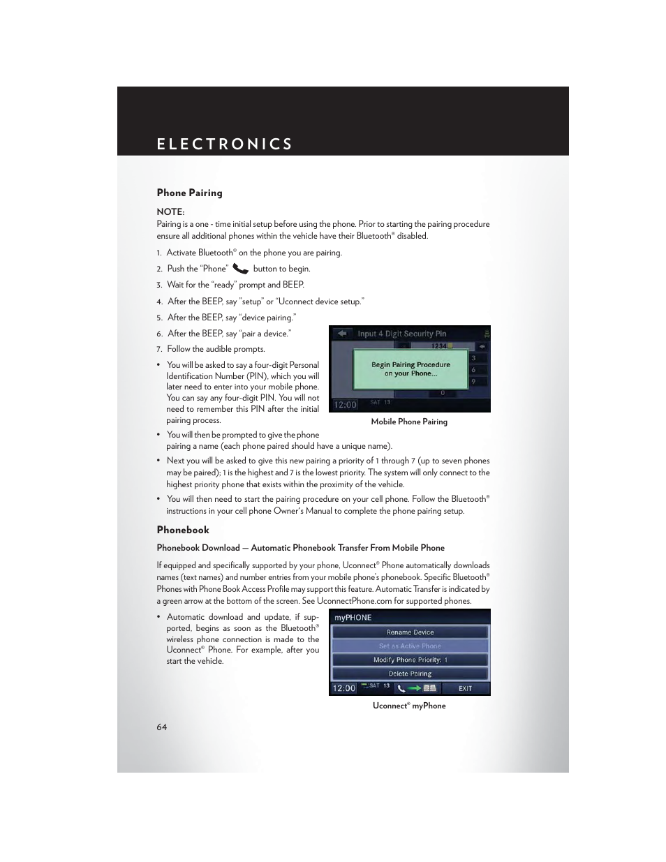 Phone pairing, Phonebook | Chrysler 2015 Country - User Guide User Manual | Page 66 / 140