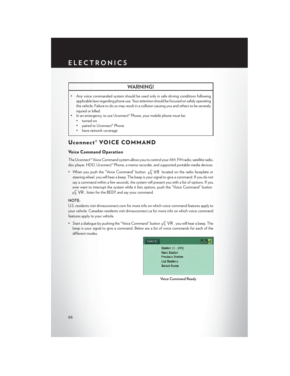 Uconnect® voice command, Voice command operation | Chrysler 2015 Country - User Guide User Manual | Page 68 / 140