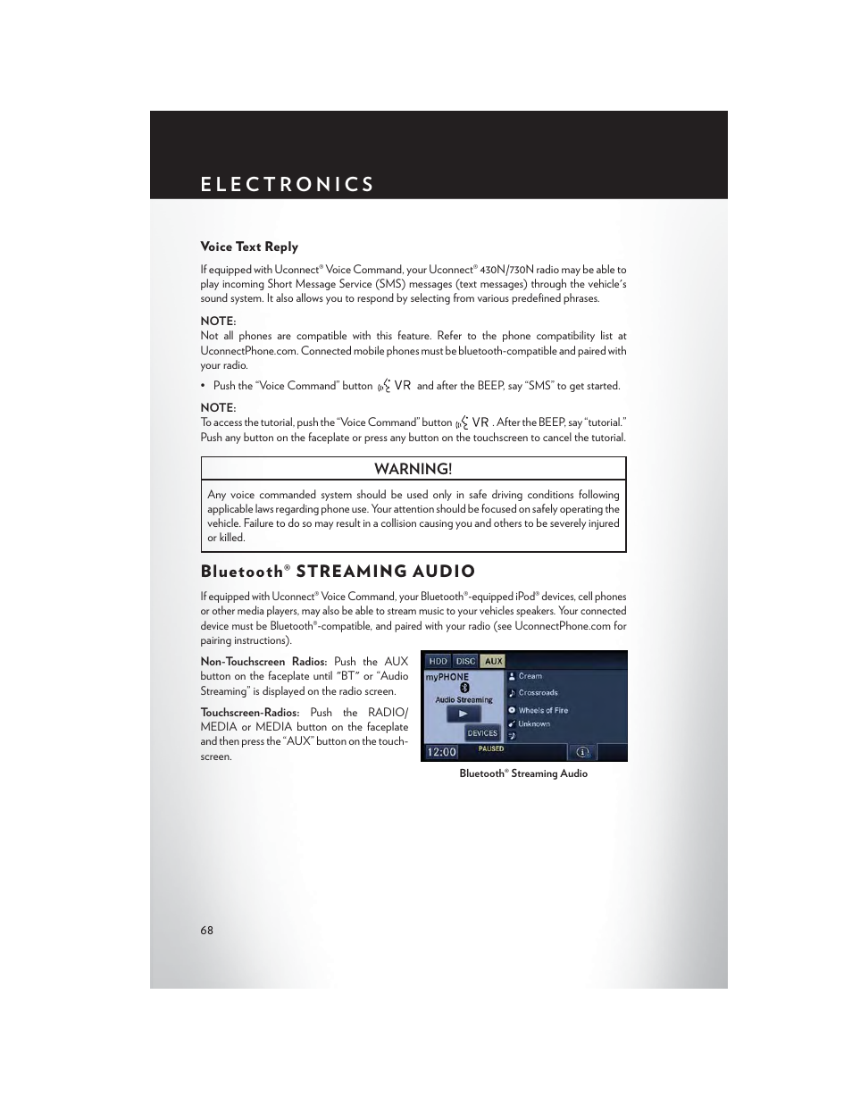 Voice text reply, Bluetooth® streaming audio | Chrysler 2015 Country - User Guide User Manual | Page 70 / 140