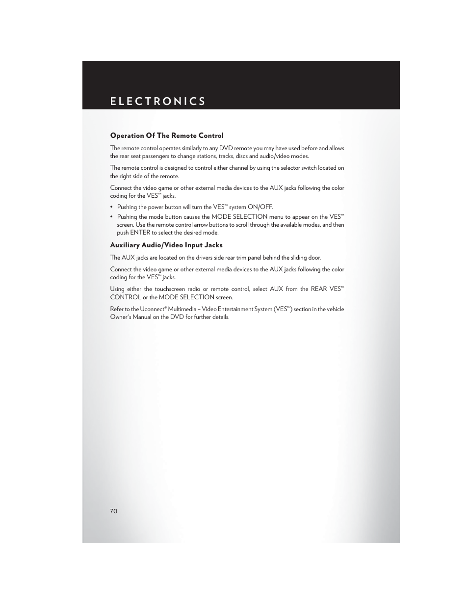 Operation of the remote control, Auxiliary audio/video input jacks | Chrysler 2015 Country - User Guide User Manual | Page 72 / 140