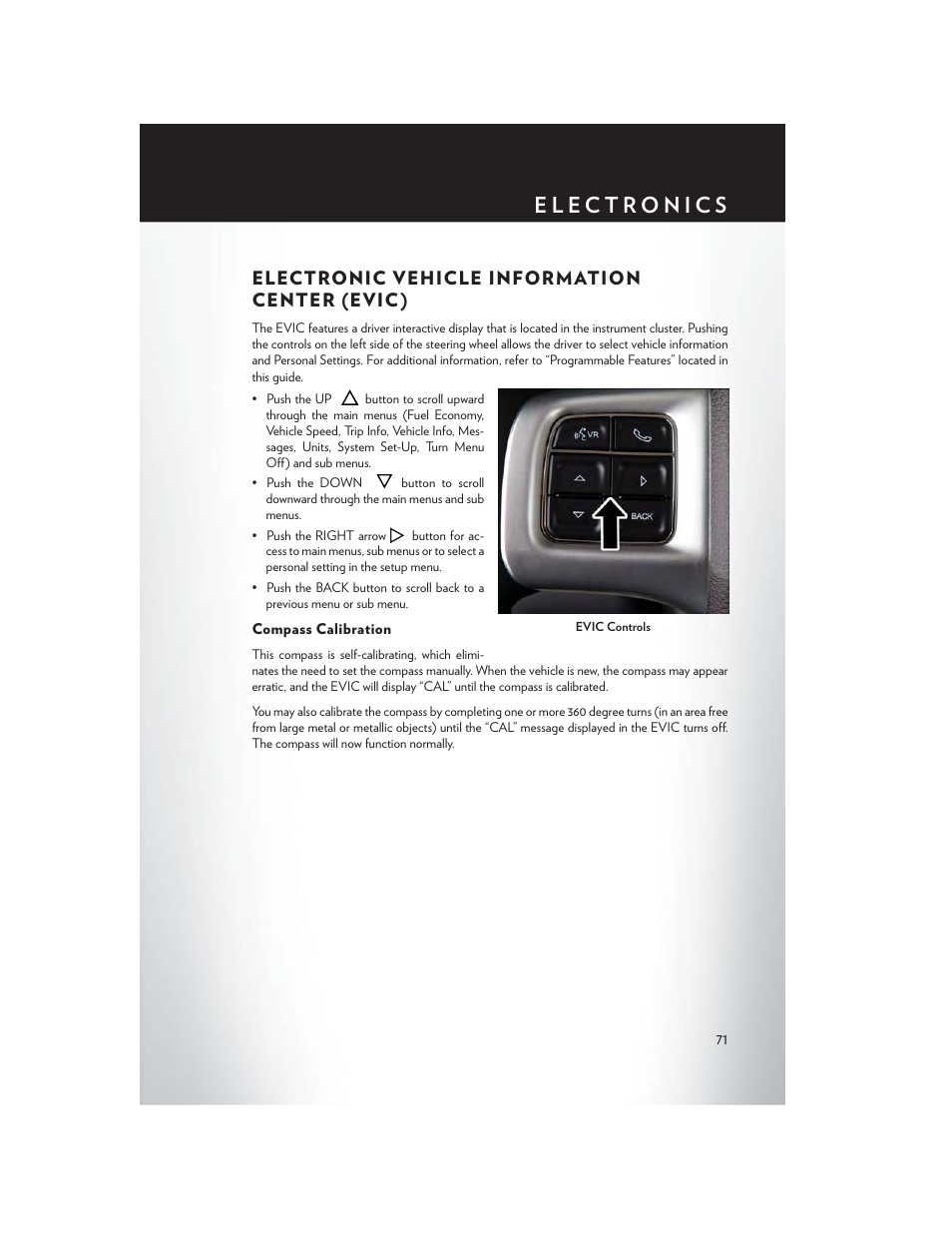 Electronic vehicle information center (evic), Compass calibration, Electronic vehicle information | Center (evic) | Chrysler 2015 Country - User Guide User Manual | Page 73 / 140