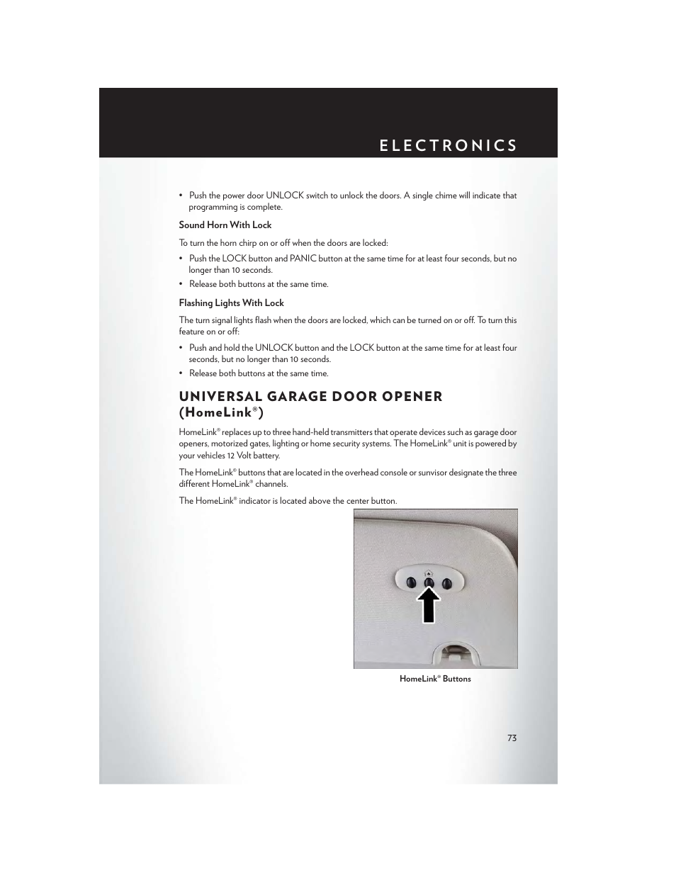 Universal garage door opener (homelink®), Universal garage door opener, Homelink®) | Chrysler 2015 Country - User Guide User Manual | Page 75 / 140
