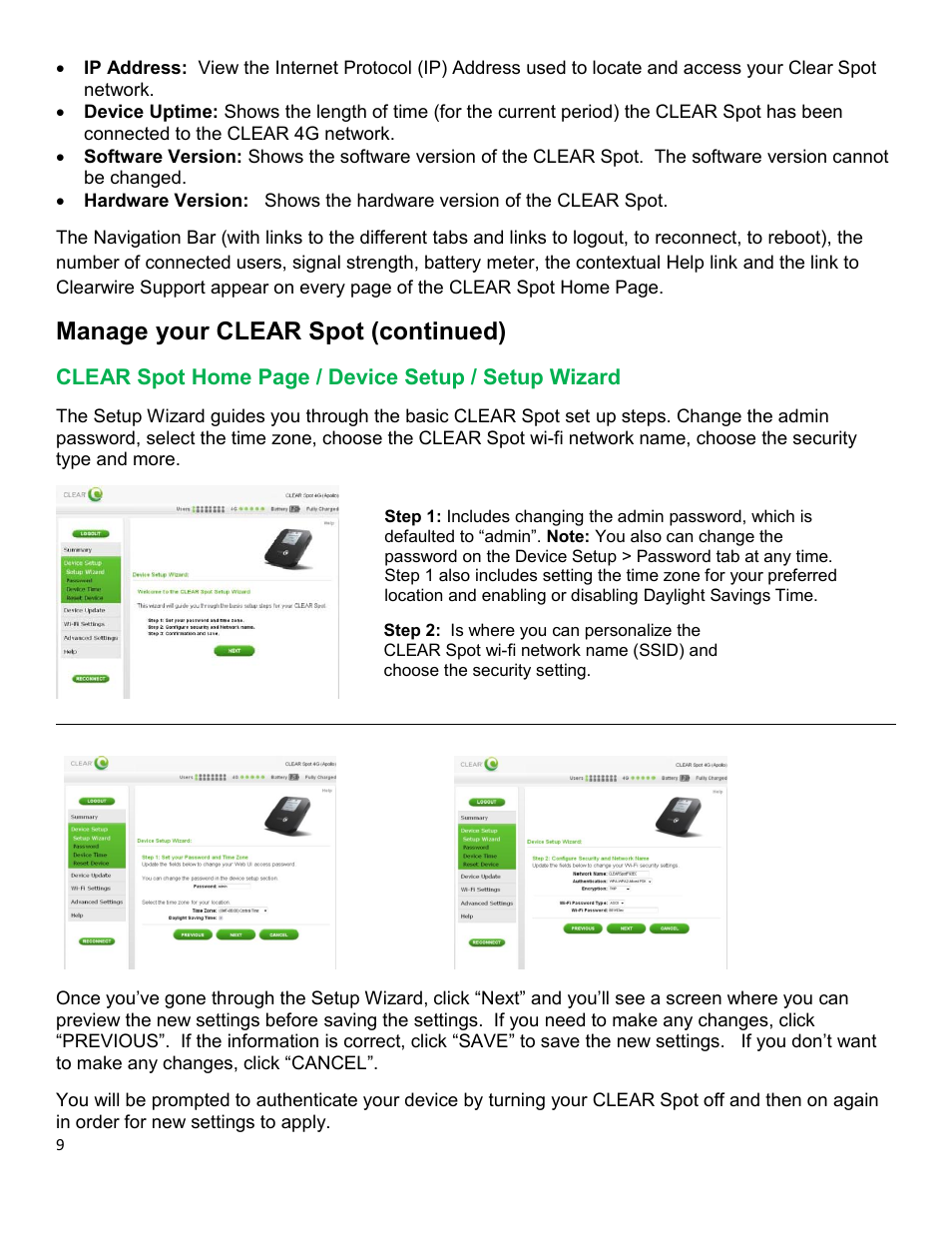 Clear, Evice, Etup | Izard, Manage your clear spot (continued) | CLEAR Spot 4G Apollo Users Guide User Manual | Page 10 / 30
