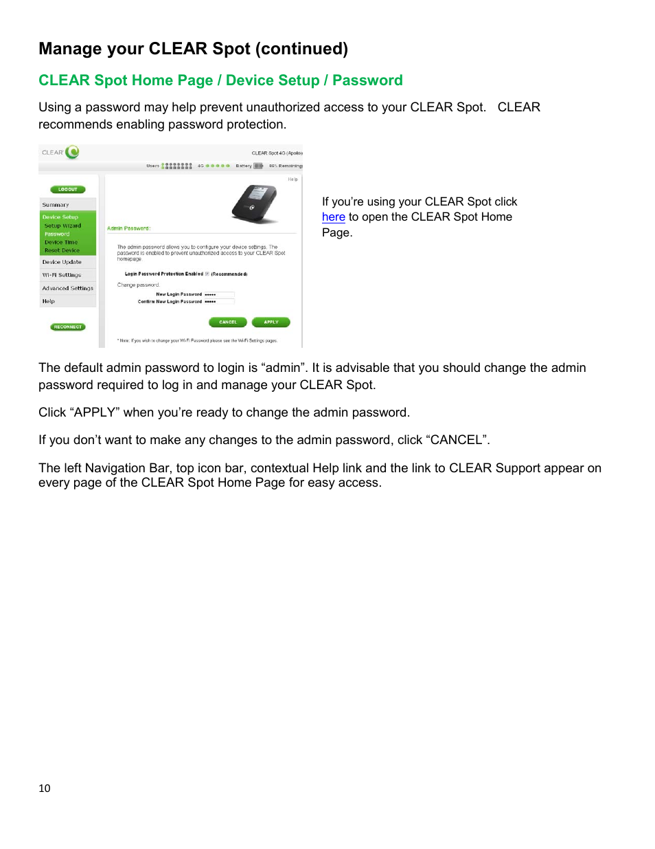 Clear, Evice, Etup | Assword, Manage your clear spot (continued) | CLEAR Spot 4G Apollo Users Guide User Manual | Page 11 / 30
