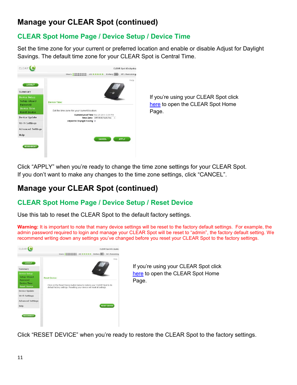 Clear, Evice, Etup | Eset, Here, Manage your clear spot (continued) | CLEAR Spot 4G Apollo Users Guide User Manual | Page 12 / 30