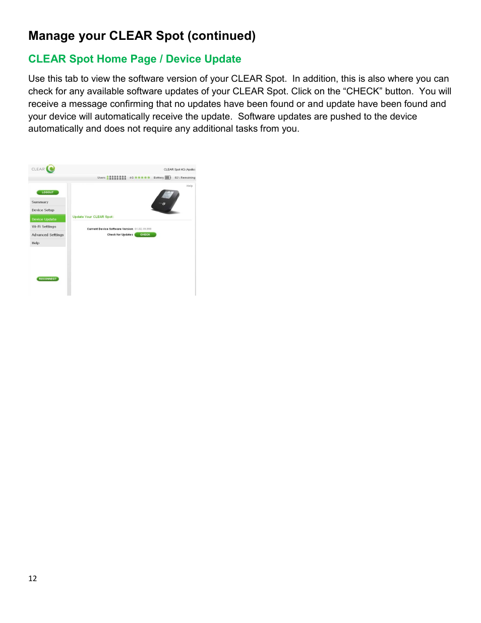 Clear, Evice, Pdate | Manage your clear spot (continued) | CLEAR Spot 4G Apollo Users Guide User Manual | Page 13 / 30