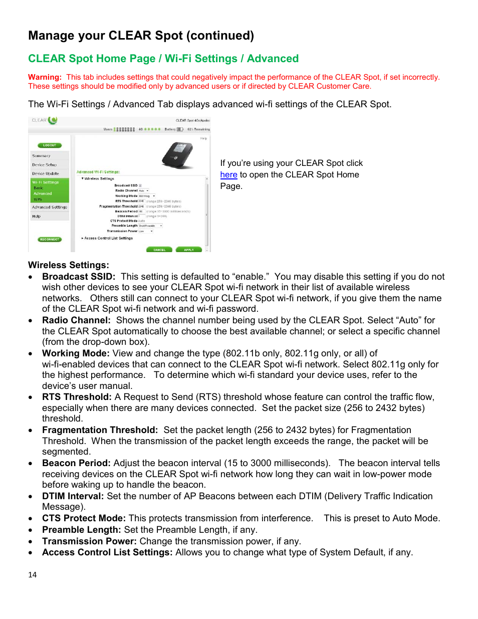 Clear, Ettings, Dvanced | Manage your clear spot (continued) | CLEAR Spot 4G Apollo Users Guide User Manual | Page 15 / 30