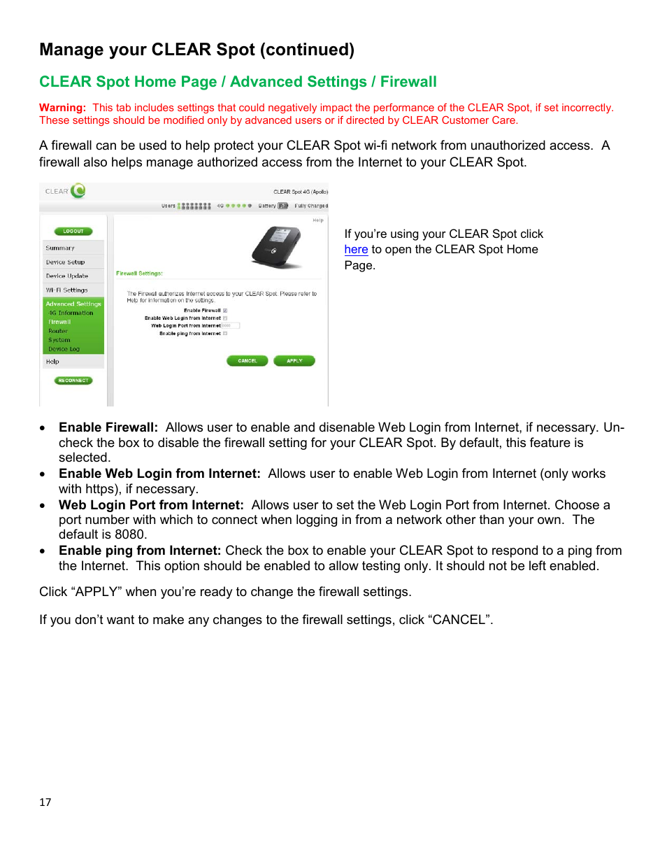 Clear, Dvanced, Ettings | Irewall, Manage your clear spot (continued) | CLEAR Spot 4G Apollo Users Guide User Manual | Page 18 / 30