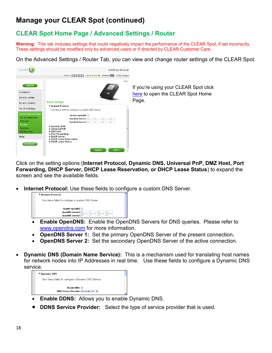 Clear, Dvanced, Ettings | Outer, Manage your clear spot (continued) | CLEAR Spot 4G Apollo Users Guide User Manual | Page 19 / 30