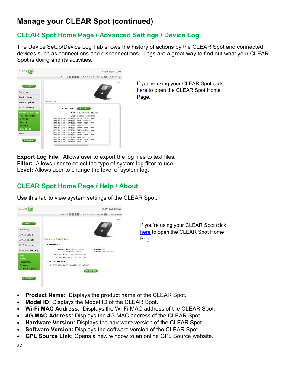 Clear, Dvanced, Ettings | Evice, Bout, Manage your clear spot (continued) | CLEAR Spot 4G Apollo Users Guide User Manual | Page 23 / 30