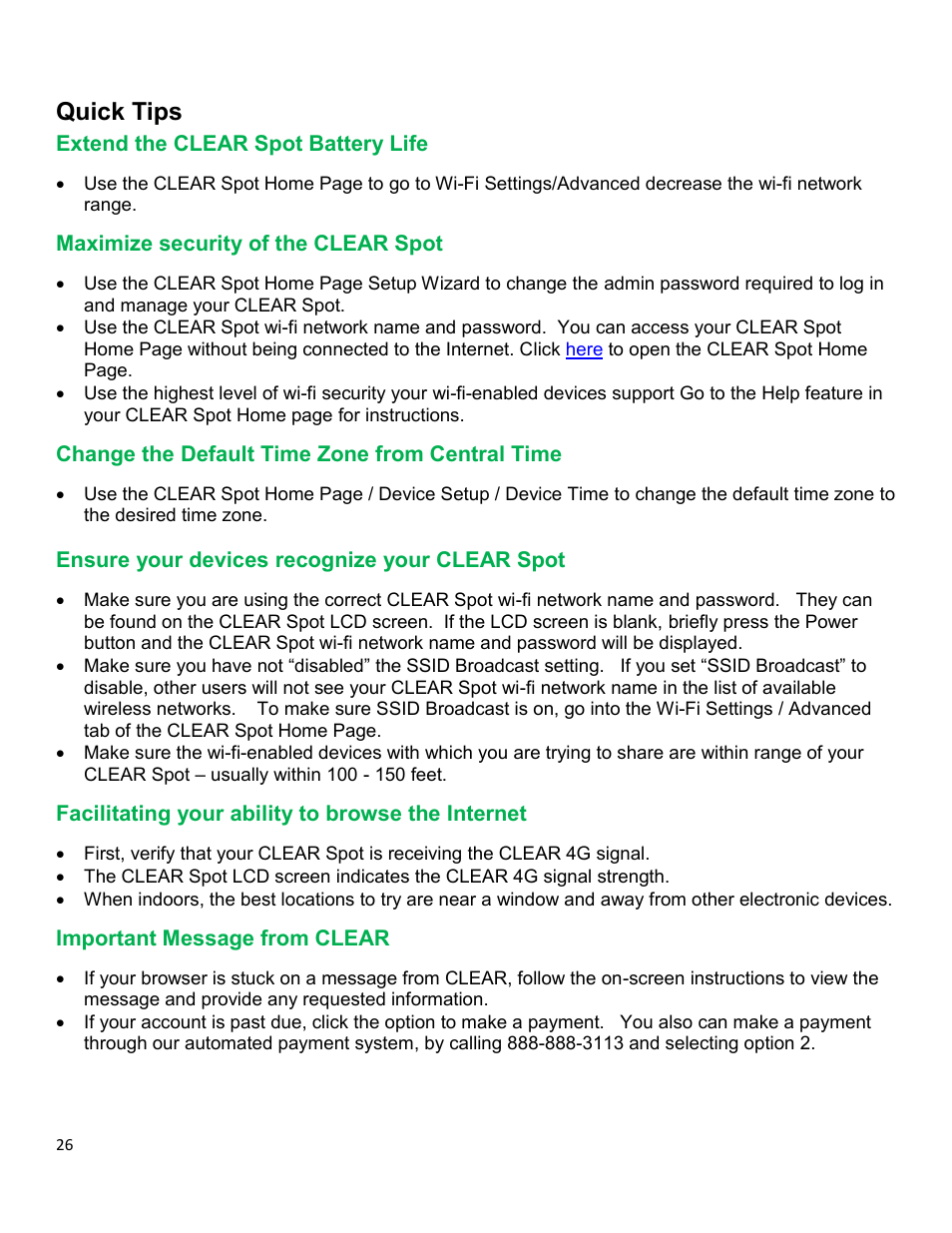 Quick tips, Xtend the, Clear | Attery, Aximize security of the, Hange the, Efault, One from, Entral, Nsure your devices recognize your | CLEAR Spot 4G Apollo Users Guide User Manual | Page 27 / 30