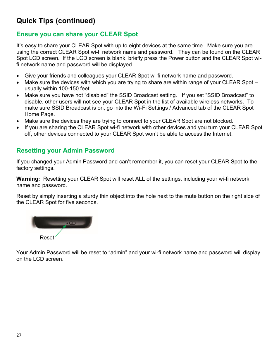 Nsure you can share your, Clear, Esetting your | Dmin, Assword, Quick tips (continued) | CLEAR Spot 4G Apollo Users Guide User Manual | Page 28 / 30