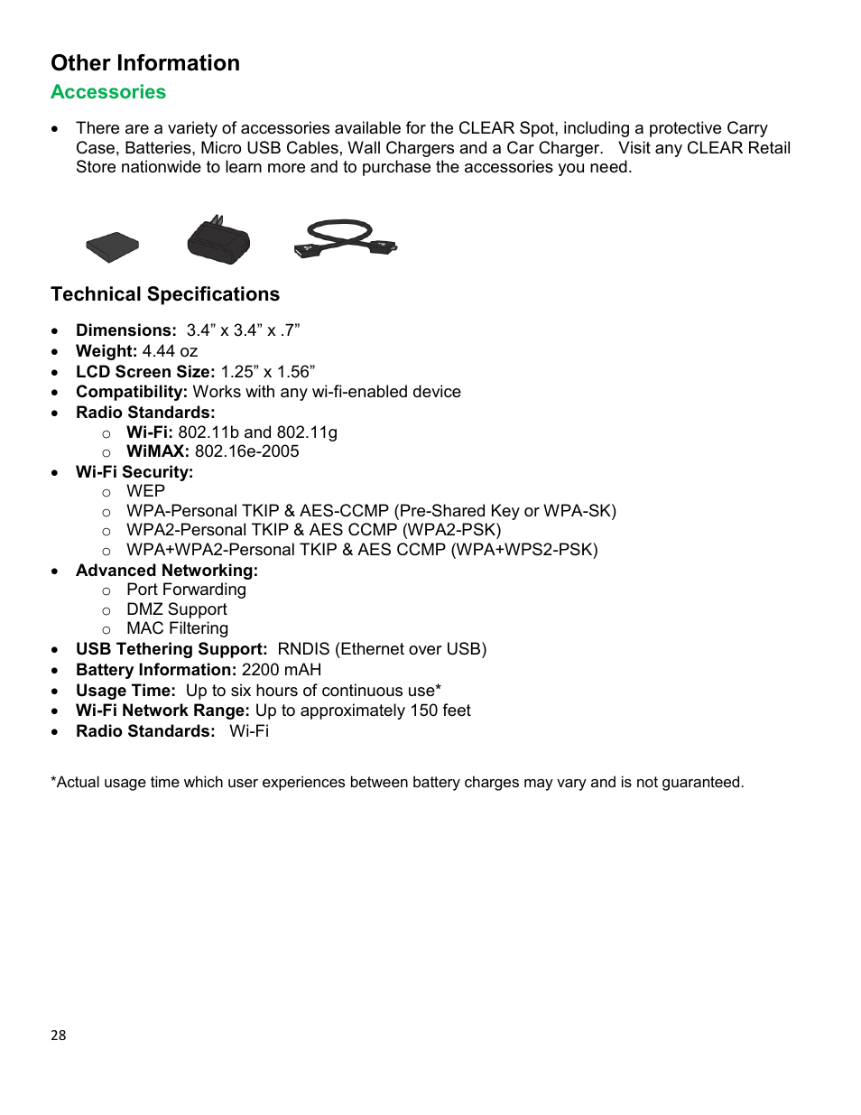 Other information, Ccessories, Echnical | Pecifications | CLEAR Spot 4G Apollo Users Guide User Manual | Page 29 / 30