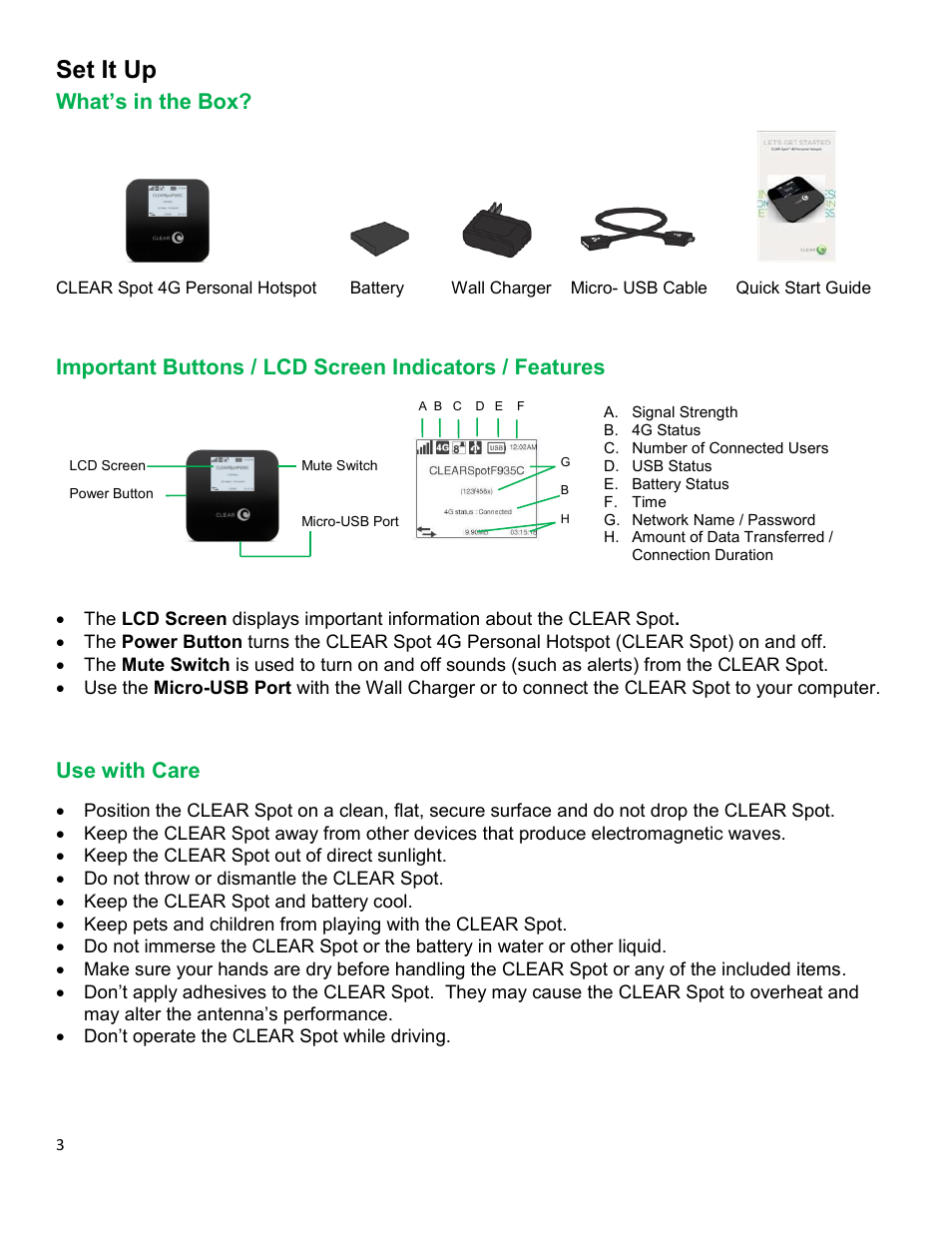 Set it up, S in the, Mportant | Uttons, Creen, Ndicators, Eatures, Se with, What’s in the box, Use with care | CLEAR Spot 4G Apollo Users Guide User Manual | Page 4 / 30