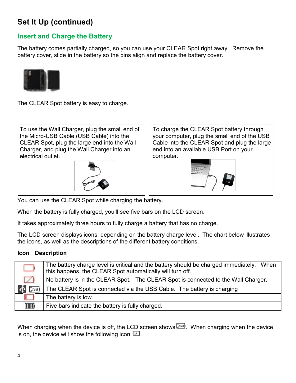 Nsert and, Harge the, Attery | Set it up (continued) | CLEAR Spot 4G Apollo Users Guide User Manual | Page 5 / 30