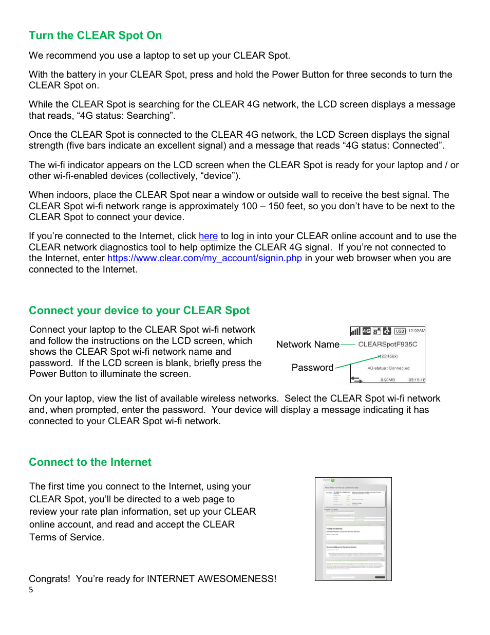 Urn the, Clear, Onnect your device to your | Onnect to the, Nternet | CLEAR Spot 4G Apollo Users Guide User Manual | Page 6 / 30