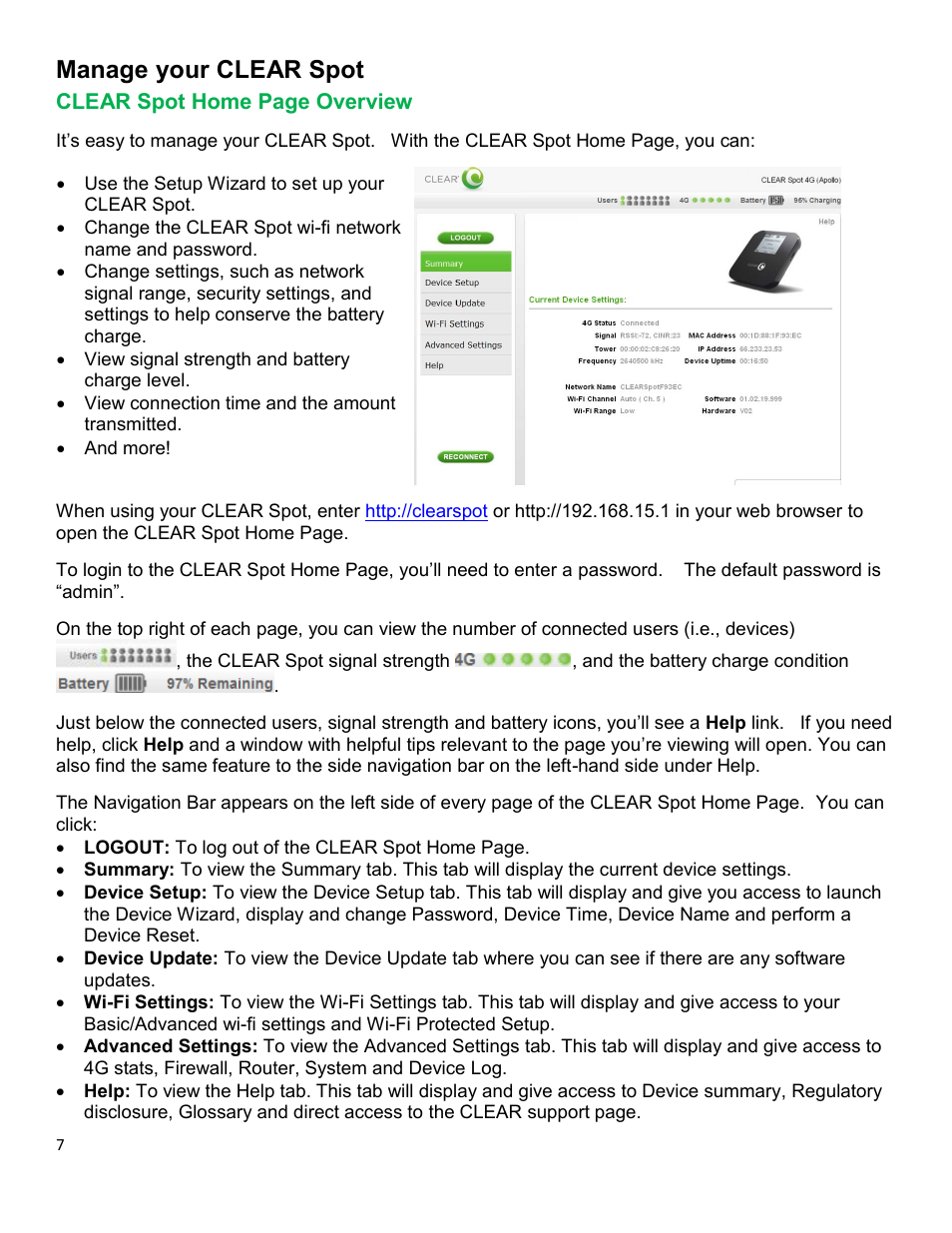 Manage your clear spot, Clear, Verview | CLEAR Spot 4G Apollo Users Guide User Manual | Page 8 / 30