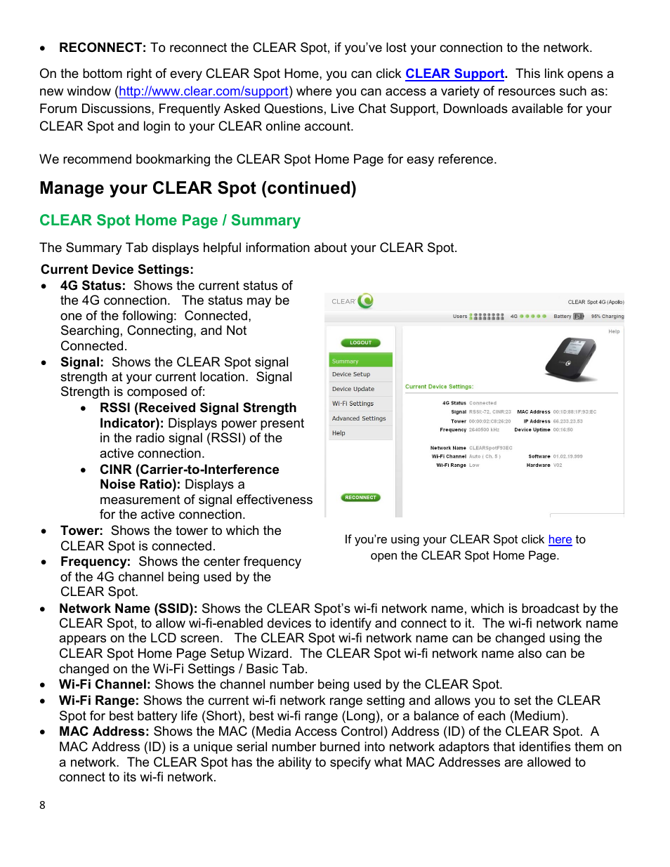 Clear, Ummary, Manage your clear spot (continued) | CLEAR Spot 4G Apollo Users Guide User Manual | Page 9 / 30