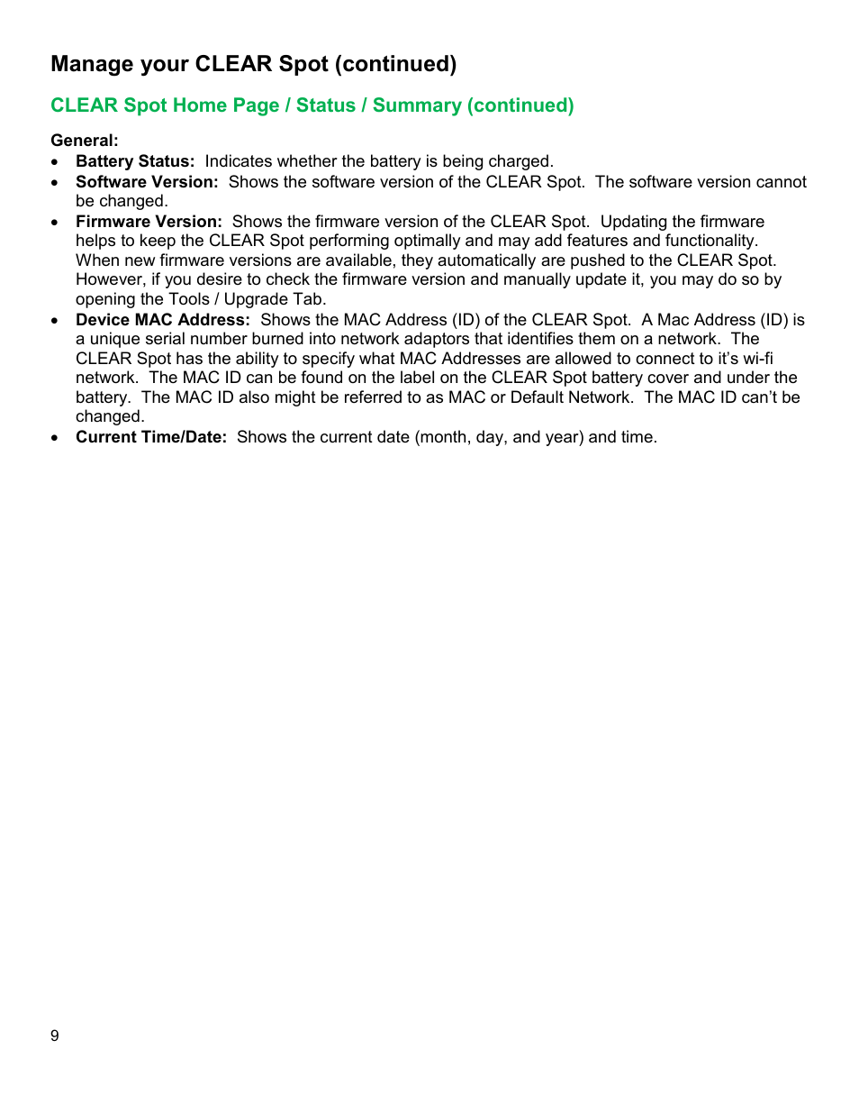 Clear, Tatus, Ummary | Continued, Manage your clear spot (continued) | CLEAR Spot 4G Users Guide User Manual | Page 10 / 27