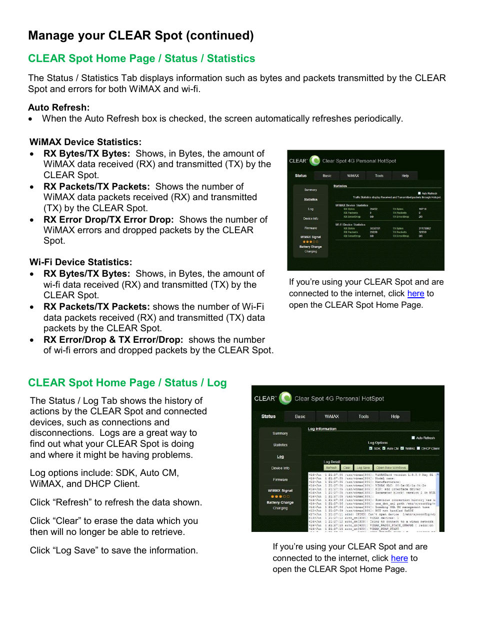 Clear, Tatus, Tatistics | Manage your clear spot (continued) | CLEAR Spot 4G Users Guide User Manual | Page 11 / 27