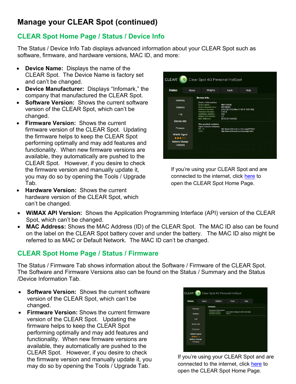 Clear, Tatus, Evice | Irmware, Manage your clear spot (continued) | CLEAR Spot 4G Users Guide User Manual | Page 12 / 27