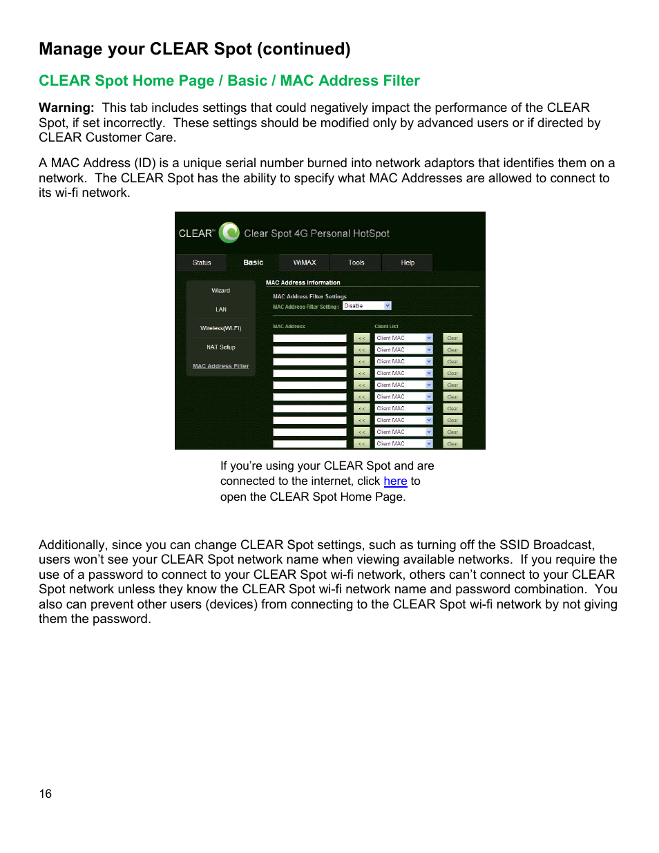 Clear, Asic, Ddress | Ilter, Manage your clear spot (continued) | CLEAR Spot 4G Users Guide User Manual | Page 17 / 27