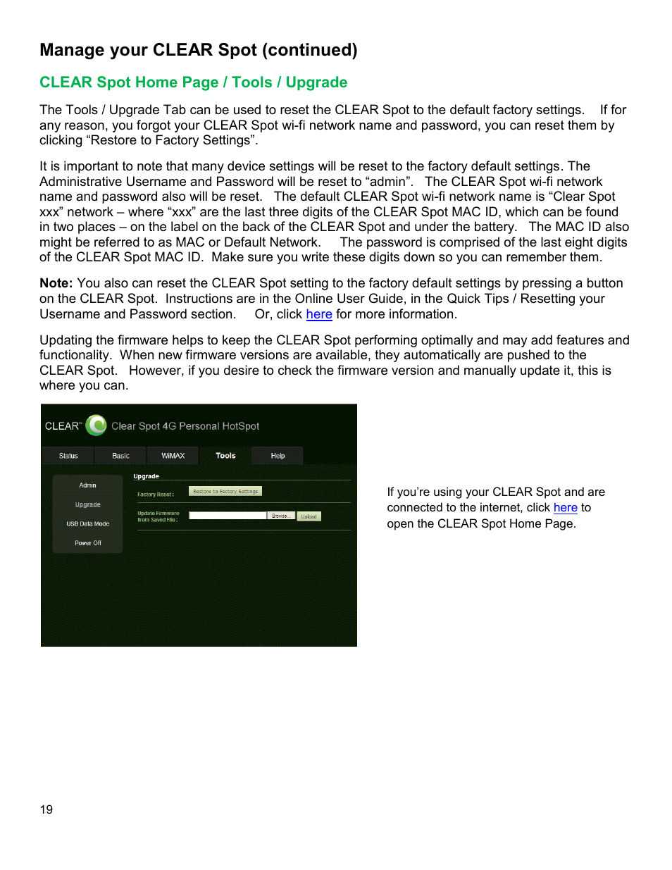 Clear, Ools, Pgrade | Manage your clear spot (continued) | CLEAR Spot 4G Users Guide User Manual | Page 20 / 27