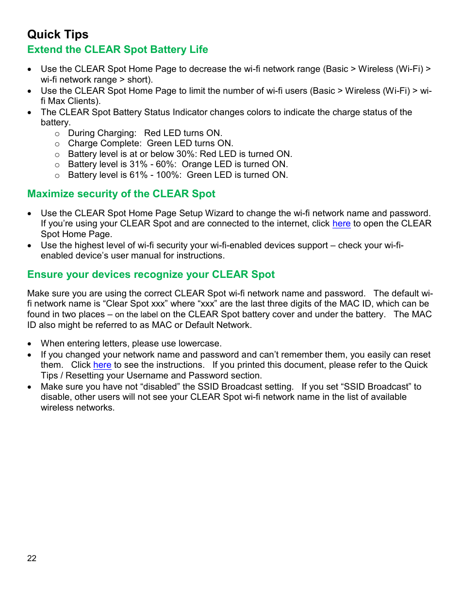 Quick tips, Xtend the, Clear | Attery, Aximize security of the, Nsure your devices recognize your | CLEAR Spot 4G Users Guide User Manual | Page 23 / 27
