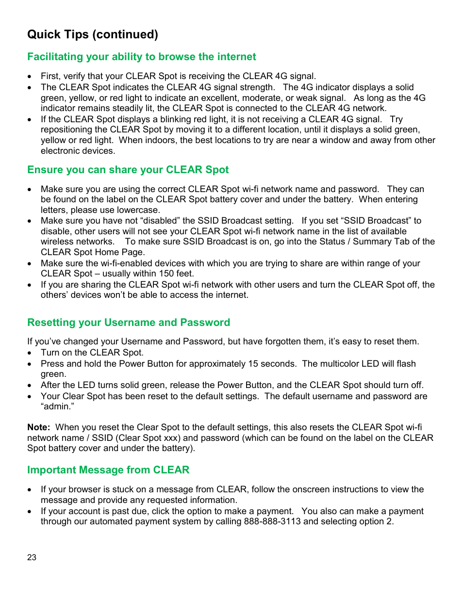 Acilitating your ability to browse the internet, Nsure you can share your, Clear | Esetting your, Sername and, Assword, Mportant, Essage from, Quick tips (continued) | CLEAR Spot 4G Users Guide User Manual | Page 24 / 27