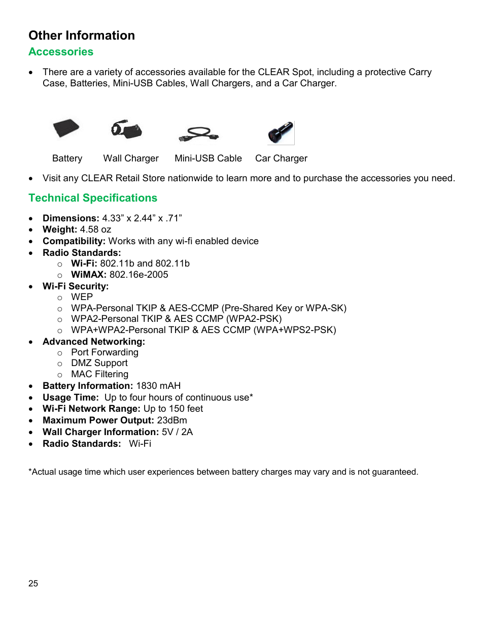 Other information, Ccessories, Echnical | Pecifications | CLEAR Spot 4G Users Guide User Manual | Page 26 / 27