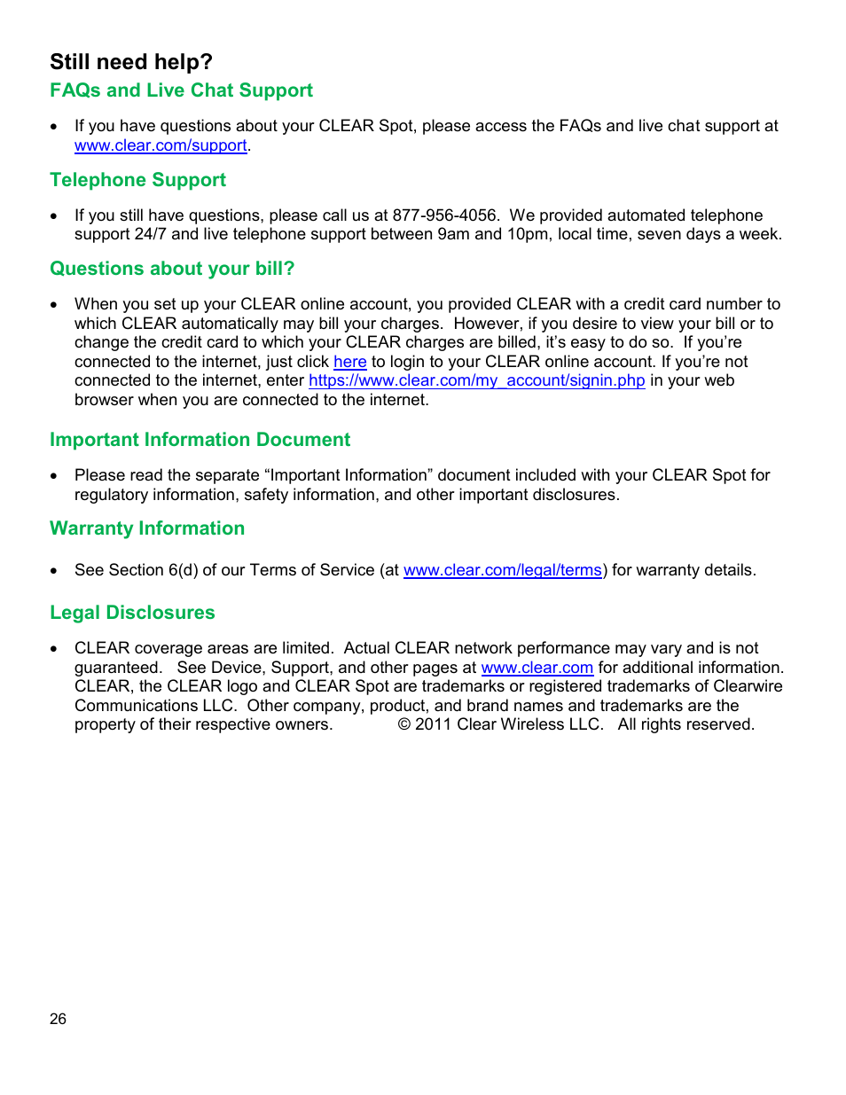 Still need help, S and, Upport | Elephone, Uestions about your bill, Mportant, Nformation, Ocument, Arranty, Egal | CLEAR Spot 4G Users Guide User Manual | Page 27 / 27