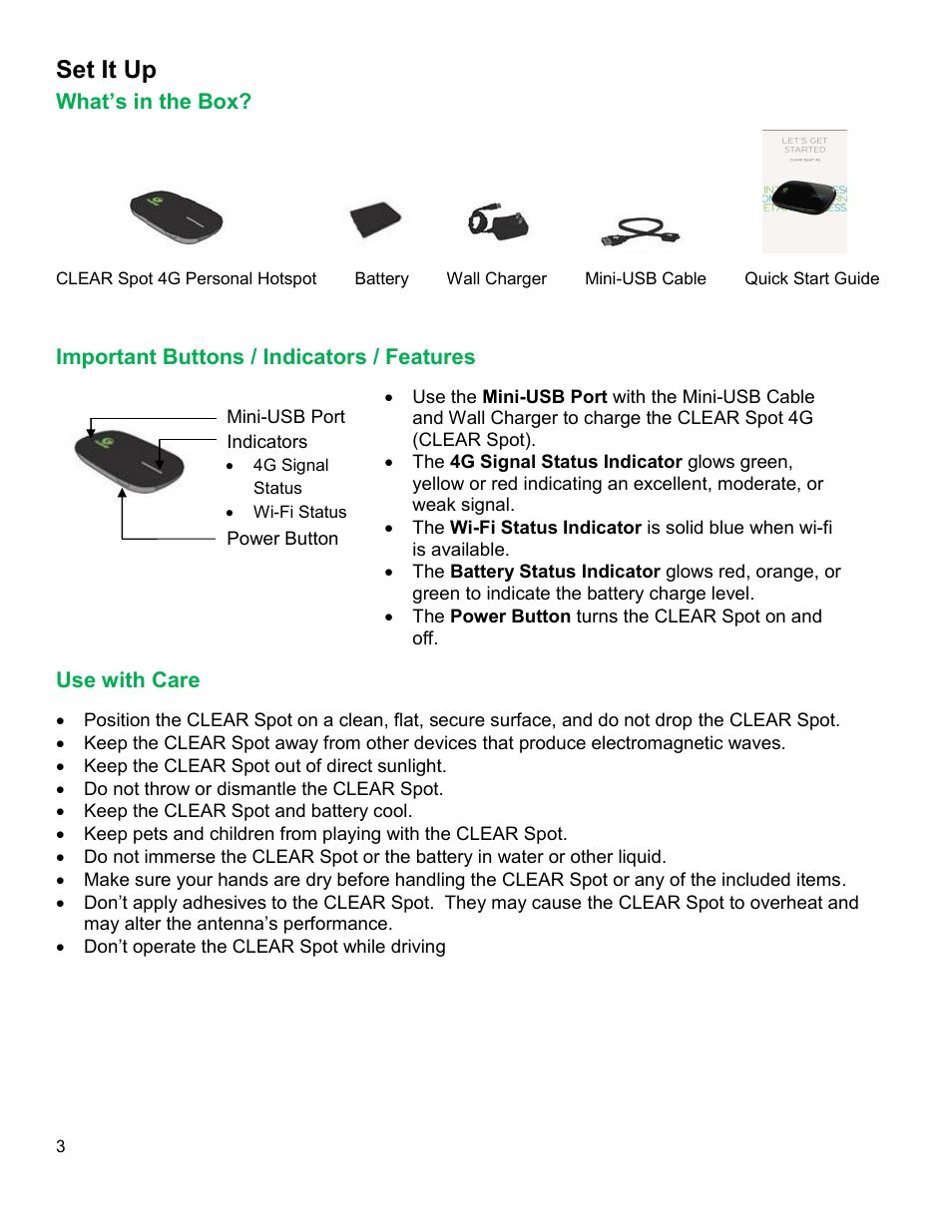 Set it up, S in the, Mportant | Uttons, Ndicators, Eatures, Se with | CLEAR Spot 4G Users Guide User Manual | Page 4 / 27