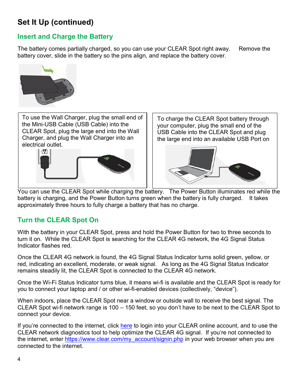 Nsert and, Harge the, Attery | Urn the, Clear, Set it up (continued) | CLEAR Spot 4G Users Guide User Manual | Page 5 / 27