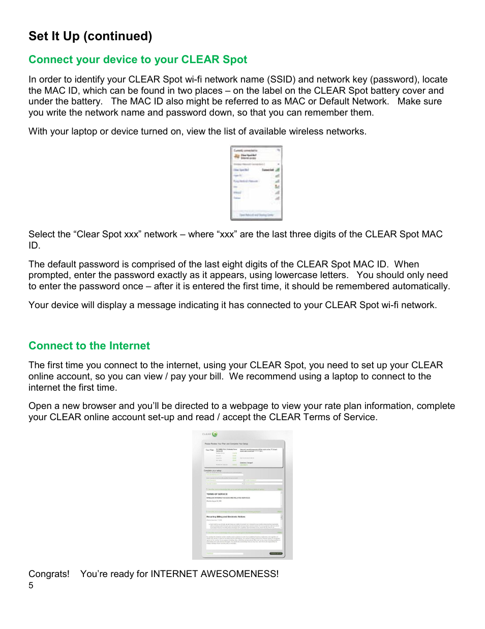 Onnect your device to your, Clear, Onnect to the | Nternet, Set it up (continued) | CLEAR Spot 4G Users Guide User Manual | Page 6 / 27