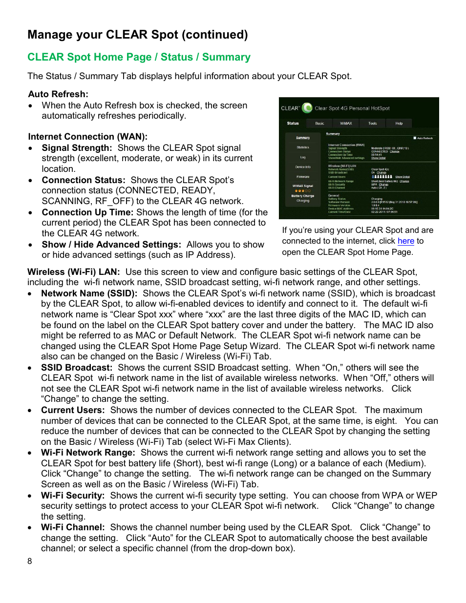 Clear, Tatus, Ummary | Manage your clear spot (continued) | CLEAR Spot 4G Users Guide User Manual | Page 9 / 27
