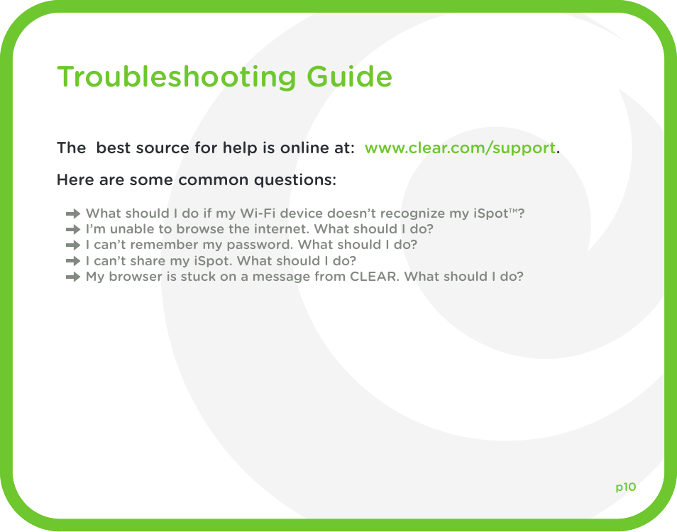 Charge the battery, Troubleshooting guide | CLEAR iSpot User Manual | Page 11 / 20