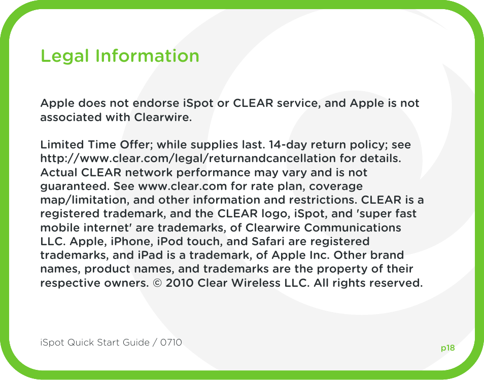Legal information | CLEAR iSpot User Manual | Page 19 / 20