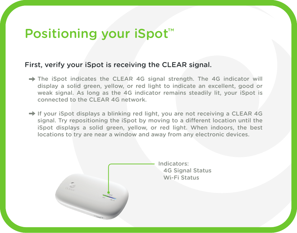 Positioning your ispot | CLEAR iSpot User Manual | Page 20 / 20