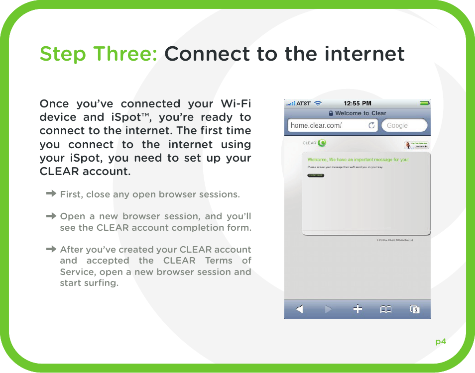 Step two: connect your wi-fi device to your ispot, Step three: connect to the internet | CLEAR iSpot User Manual | Page 5 / 20