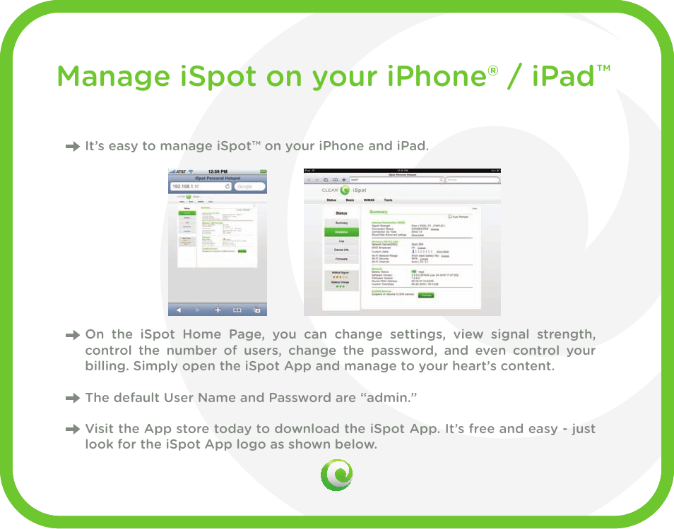 Manage ispot on your iphone® / ipad, Manage your ispot on a computer | CLEAR iSpot User Manual | Page 6 / 20