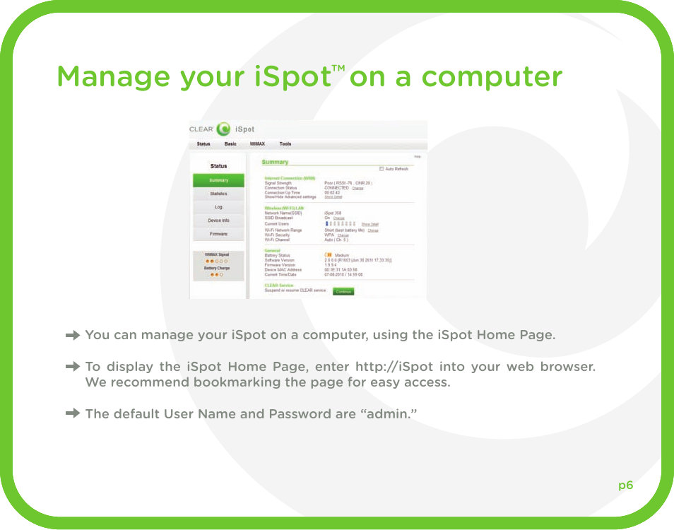 Manage ispot on your iphone® / ipad, Manage your ispot on a computer | CLEAR iSpot User Manual | Page 7 / 20