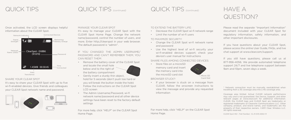Quick tips, Have a question | CLEAR 4G+ Personal Hotspot Quick Start User Manual | Page 2 / 2