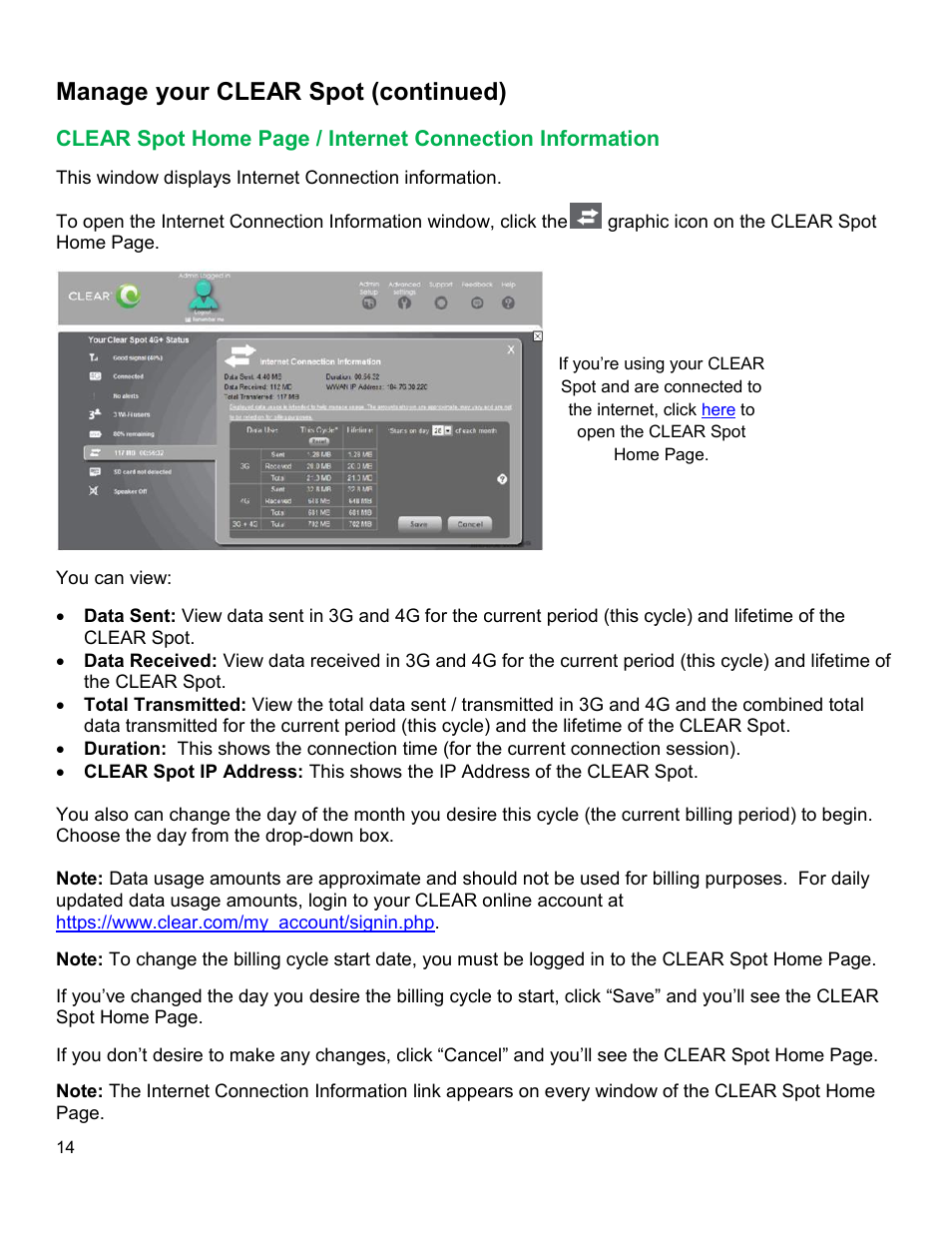 Clear, Nternet, Onnection | Nformation, Manage your clear spot (continued) | CLEAR 4G+ Personal Hotspot Users Guide User Manual | Page 15 / 51