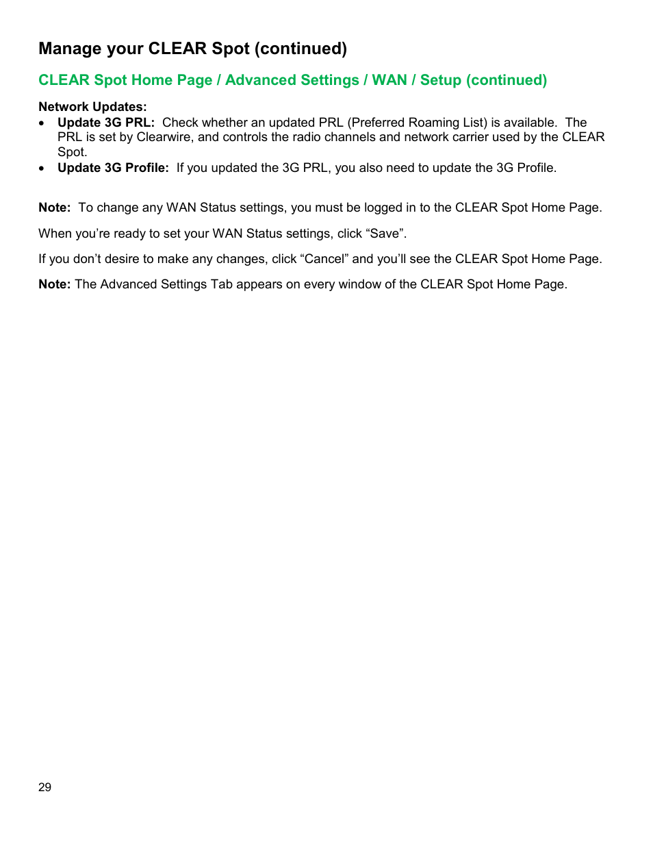 Clear, Dvanced, Ettings | Etup, Continued, Manage your clear spot (continued) | CLEAR 4G+ Personal Hotspot Users Guide User Manual | Page 30 / 51