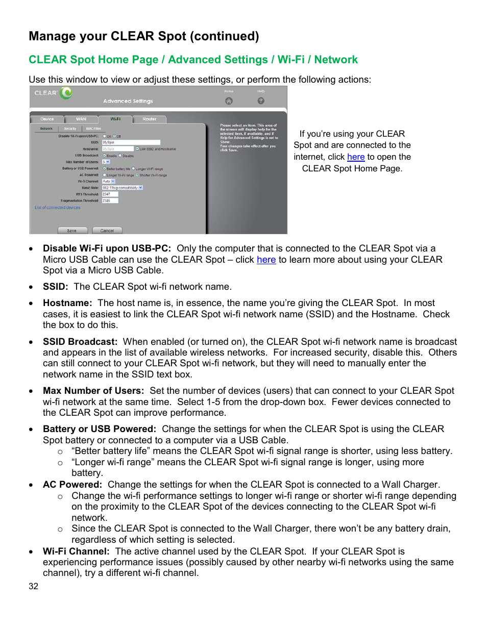 Clear, Dvanced, Ettings | Etwork, Manage your clear spot (continued) | CLEAR 4G+ Personal Hotspot Users Guide User Manual | Page 33 / 51