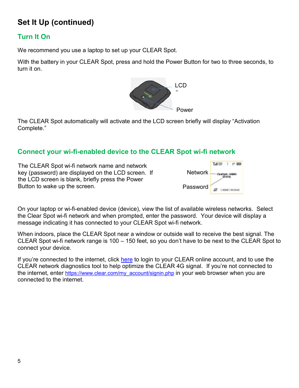 Onnect your wi, Enabled device to the, Clear | Pot wi, Fi network, Set it up (continued) | CLEAR 4G+ Personal Hotspot Users Guide User Manual | Page 6 / 51