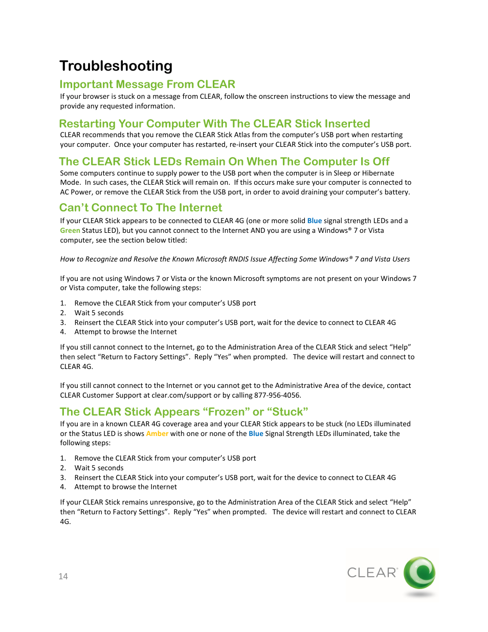 Troubleshooting | CLEAR Stick Atlas User Manual | Page 14 / 19