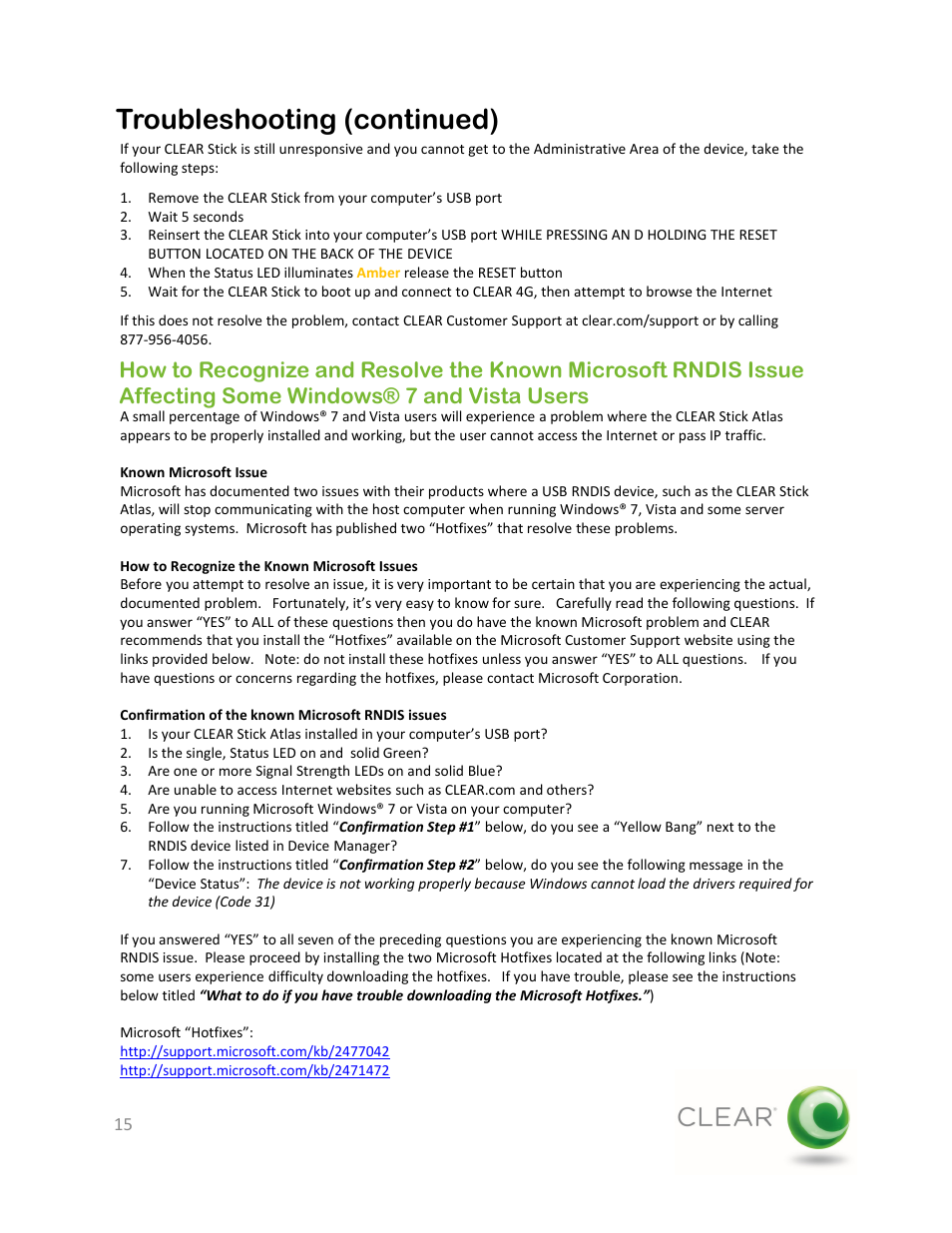 Troubleshooting (continued) | CLEAR Stick Atlas User Manual | Page 15 / 19