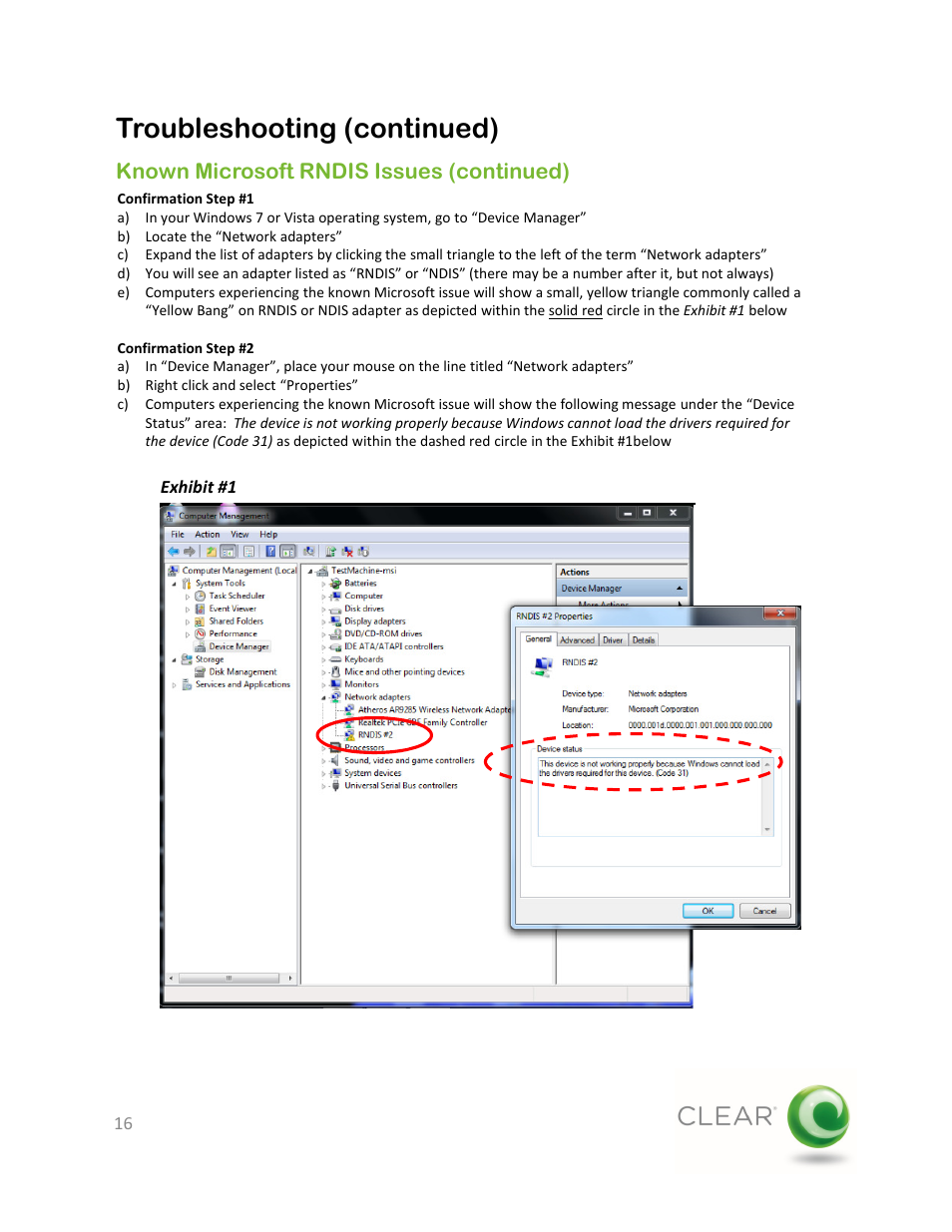 Troubleshooting (continued), Known microsoft rndis issues (continued) | CLEAR Stick Atlas User Manual | Page 16 / 19