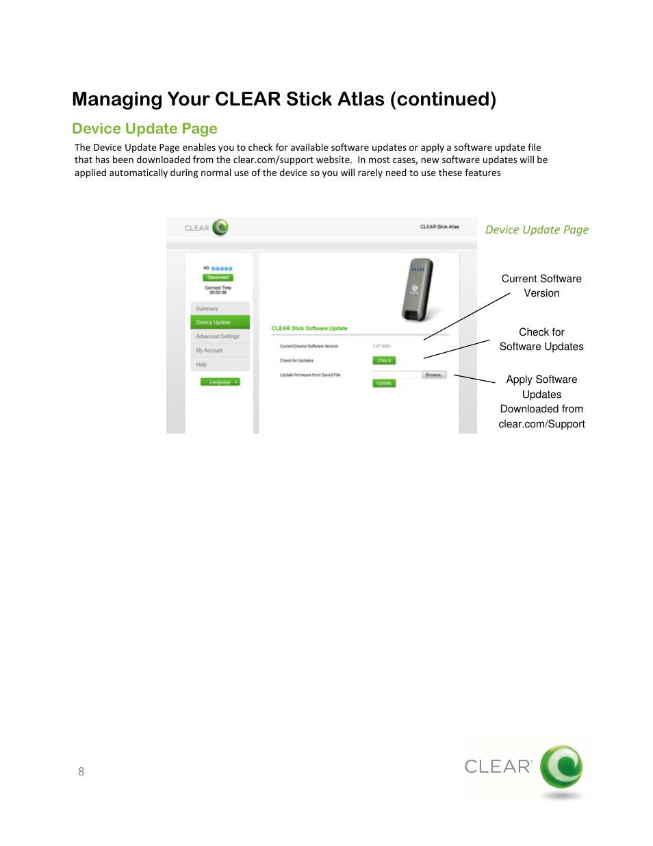 Managing your clear stick atlas (continued), Device update page | CLEAR Stick Atlas User Manual | Page 8 / 19